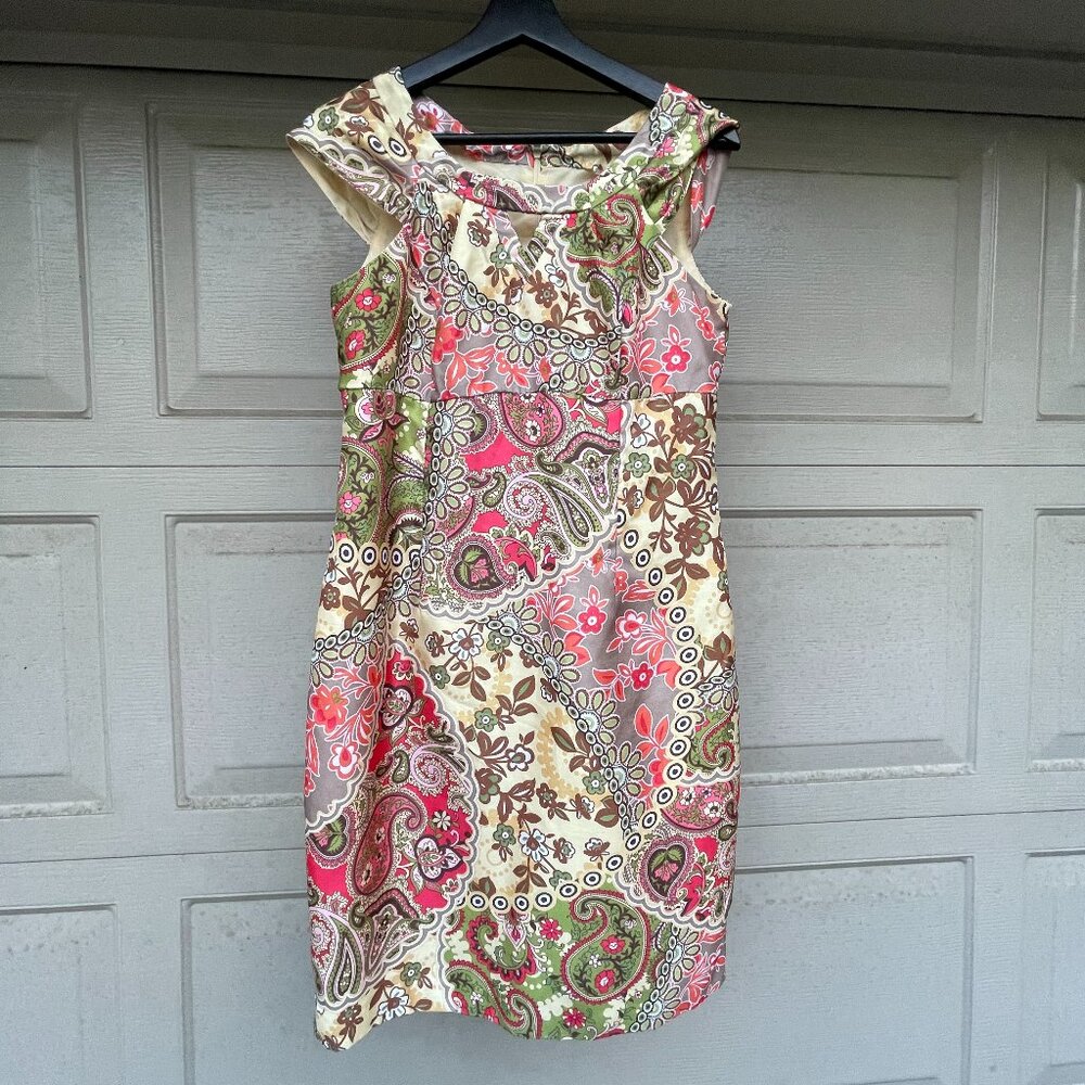 LIZ CLAIBORNE Multi Color Paisley Sheath Dress Sz 12 Cap Sleeve Lined Work Event